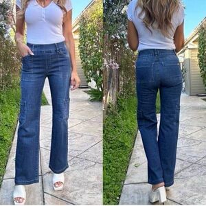 Bevy Flog Rose Cargo Dark Wash Denim Elastic Waist Flare Jeans